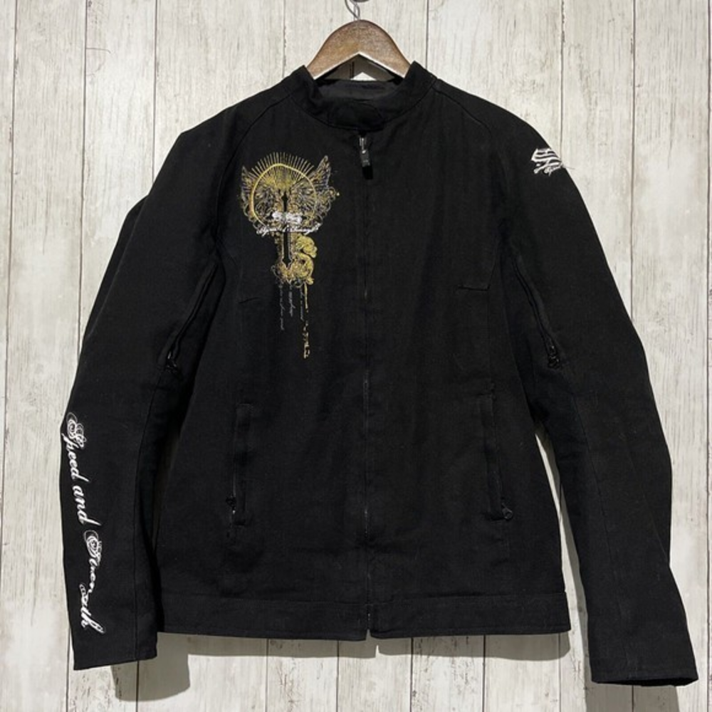 Speed and Strength Large Moto Jacket Womens Black Embroidered Winged Cross‎